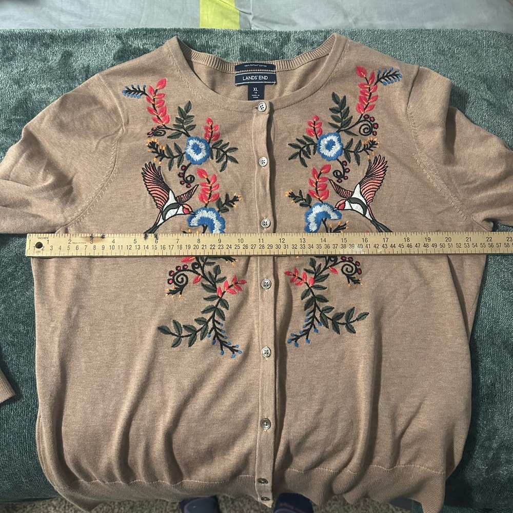 Lands' End Women's Cardigan with Embroidered Hummingbird Floral Design - Picture 7 of 7